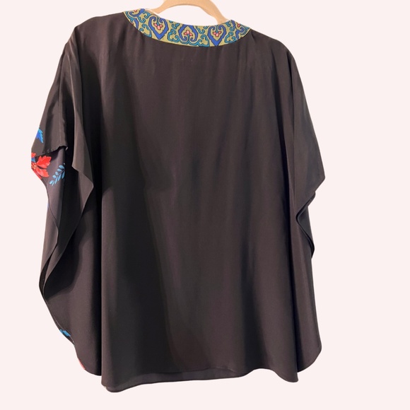 RARE Tibi Silk Kaftan Blouse Black w/ pink green blue Size XS ( fits like S M ) - Picture 4 of 5